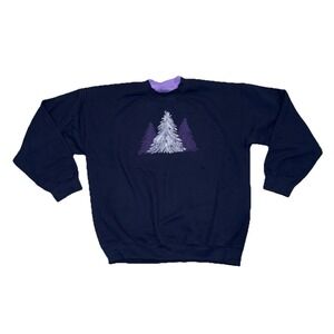Vintage PFI Christmas Grannycore Navy Blue Purple Tree Crewneck Sweatshirt Sz L